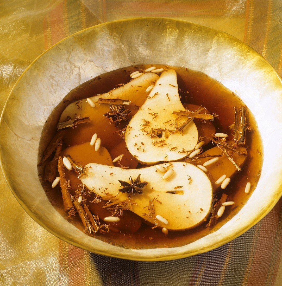 Pears with cinnamon in sweet and sour vinegar liquor