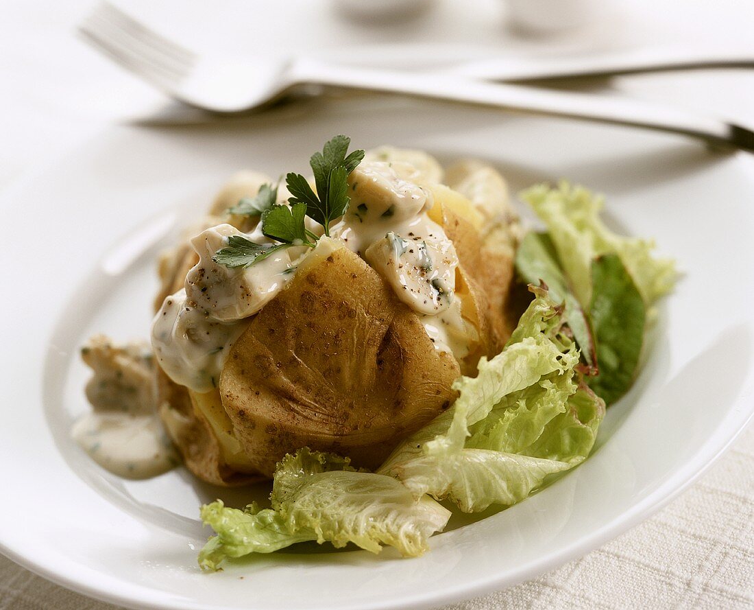 Oven-baked potato stuffed with mushrooms on salad