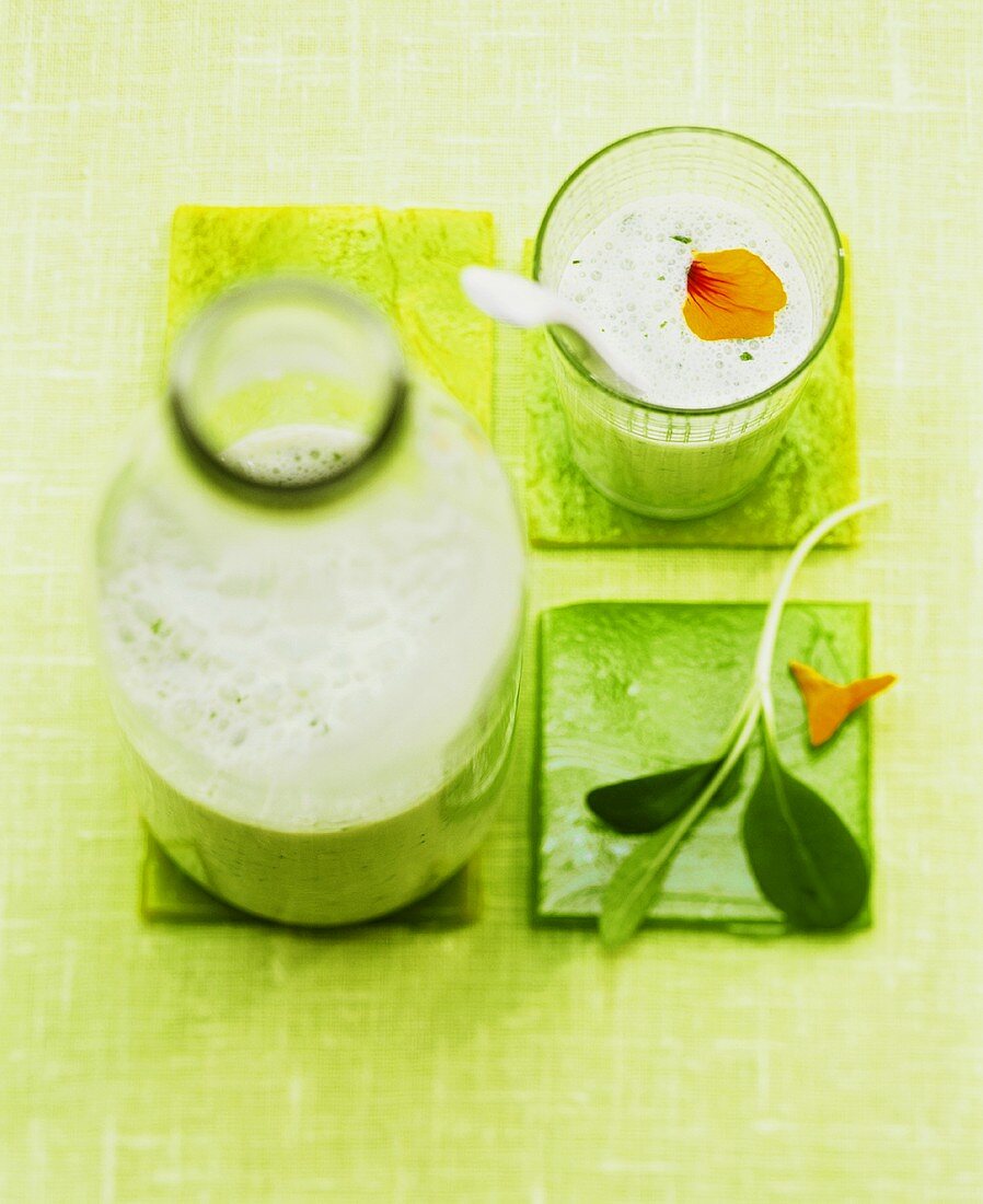 Herb buttermilk in glass and in the bottle