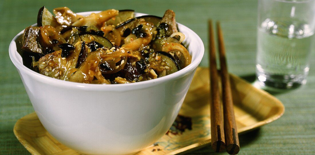 Aubergines & oyster mushrooms with sesame & a little meat