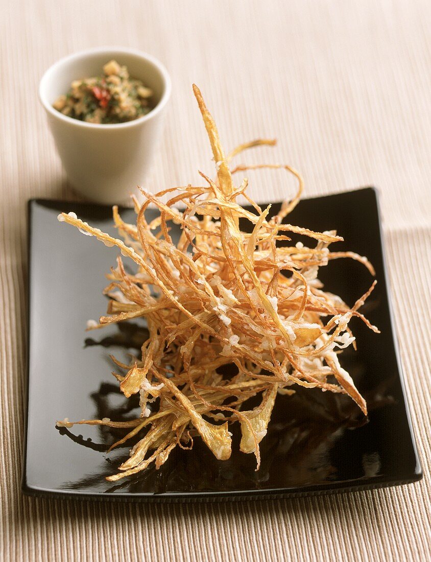 Fried banana flowers with peanut soy sauce (Vietnam)