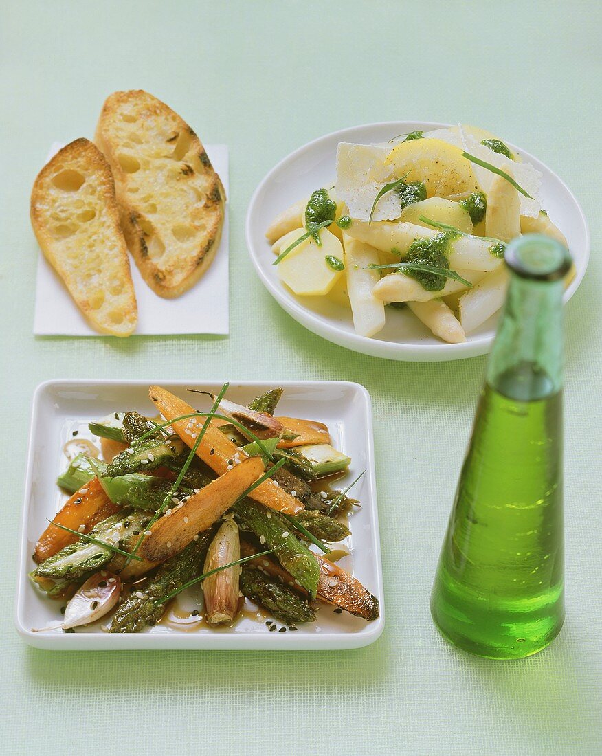 Asparagus & potato salad with pesto & asparagus & carrot salad