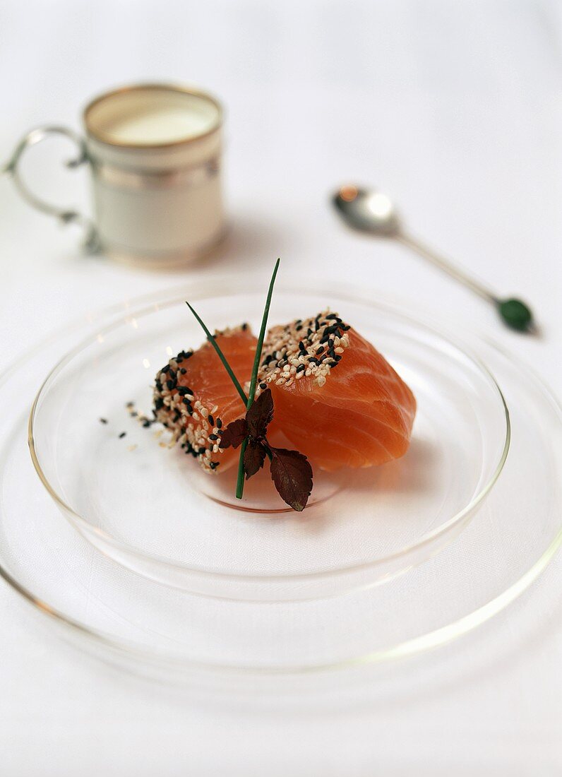 Raw salmon with sesame and  crème fraiche with wasabi