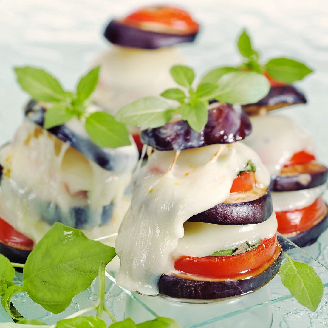 Aubergine and mozzarella tower with tomatoes and basil