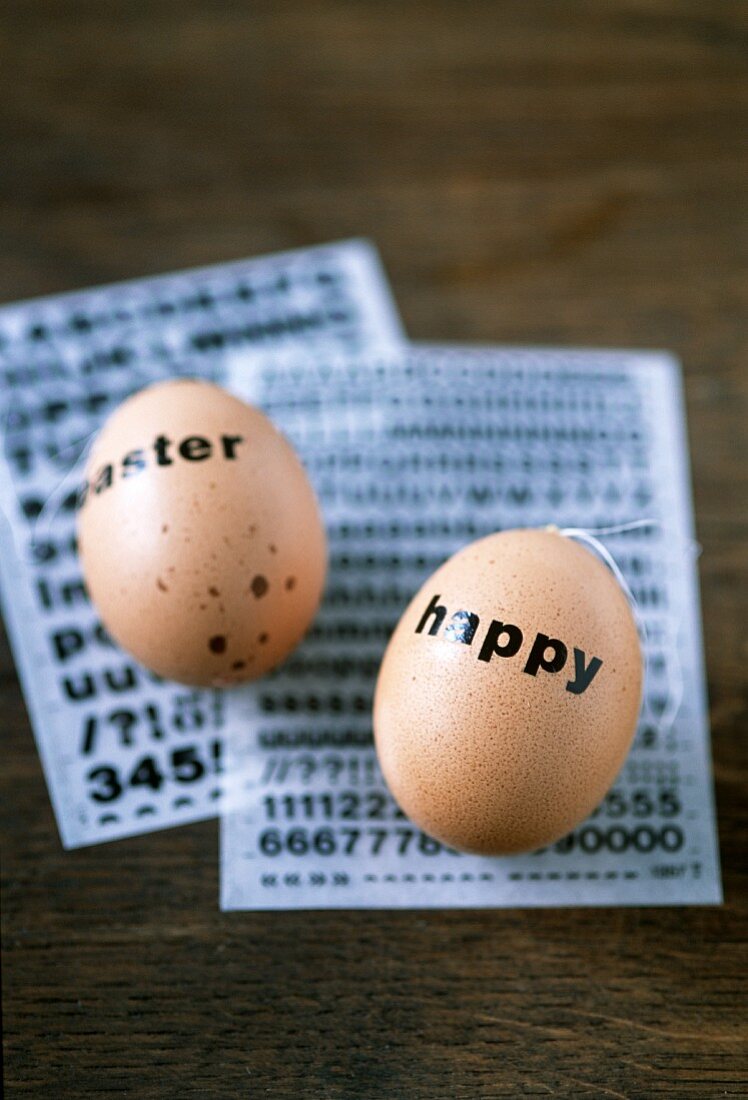 Two eggs with the words 'Happy Easter'