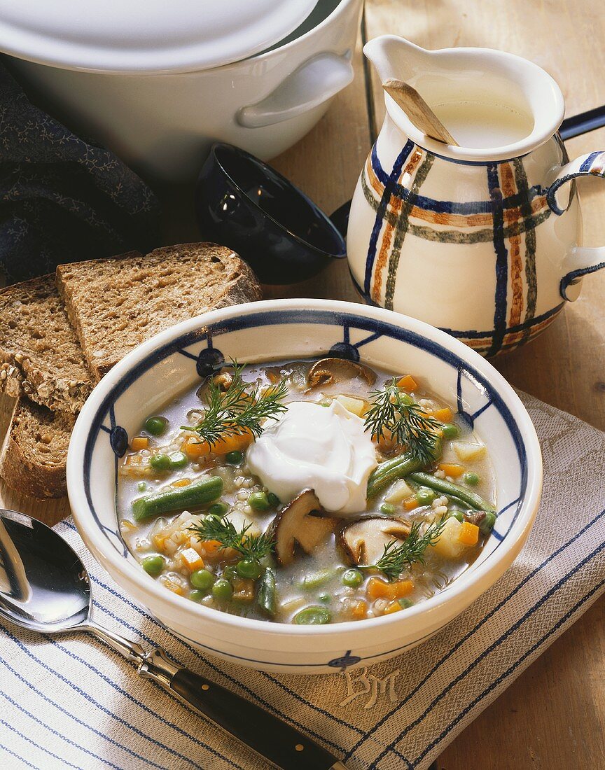 Vegetable stew with ceps, pearl barley and sour cream
