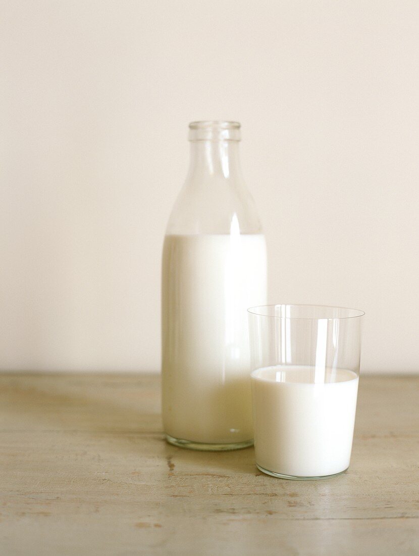Milch in Glas und Flasche