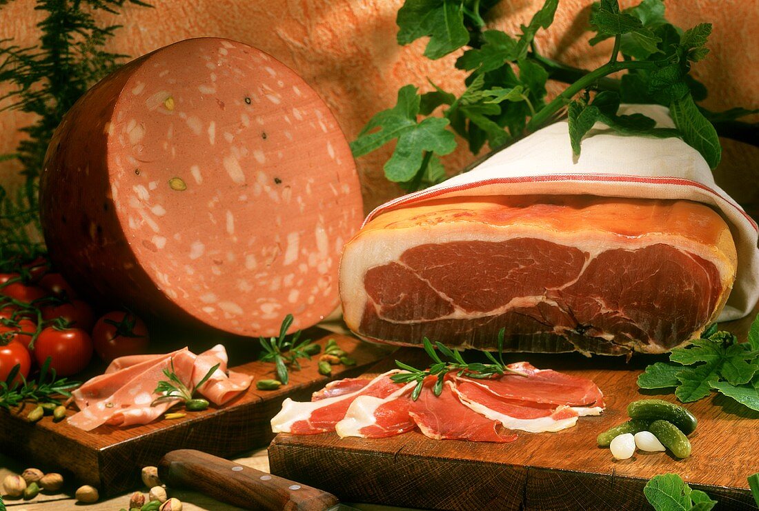 Still life with raw ham and mortadella