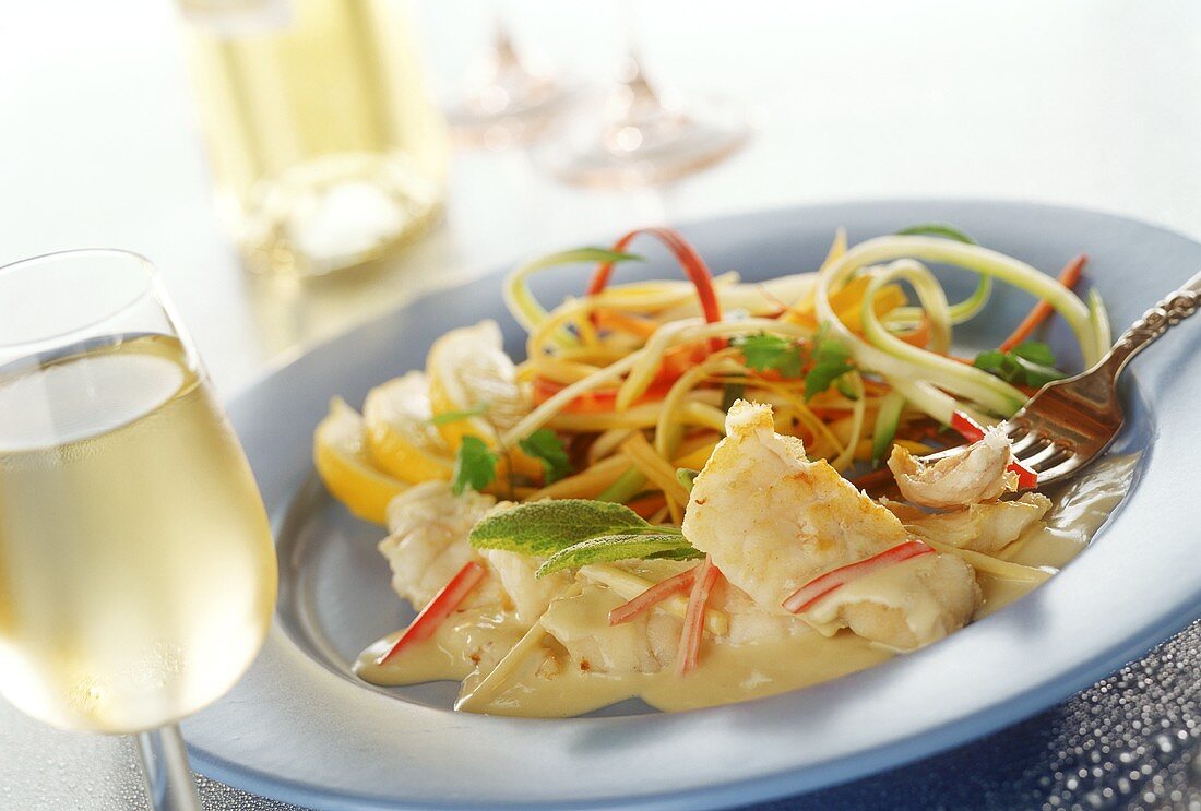 Cod fillets with white sauce and julienne vegetables