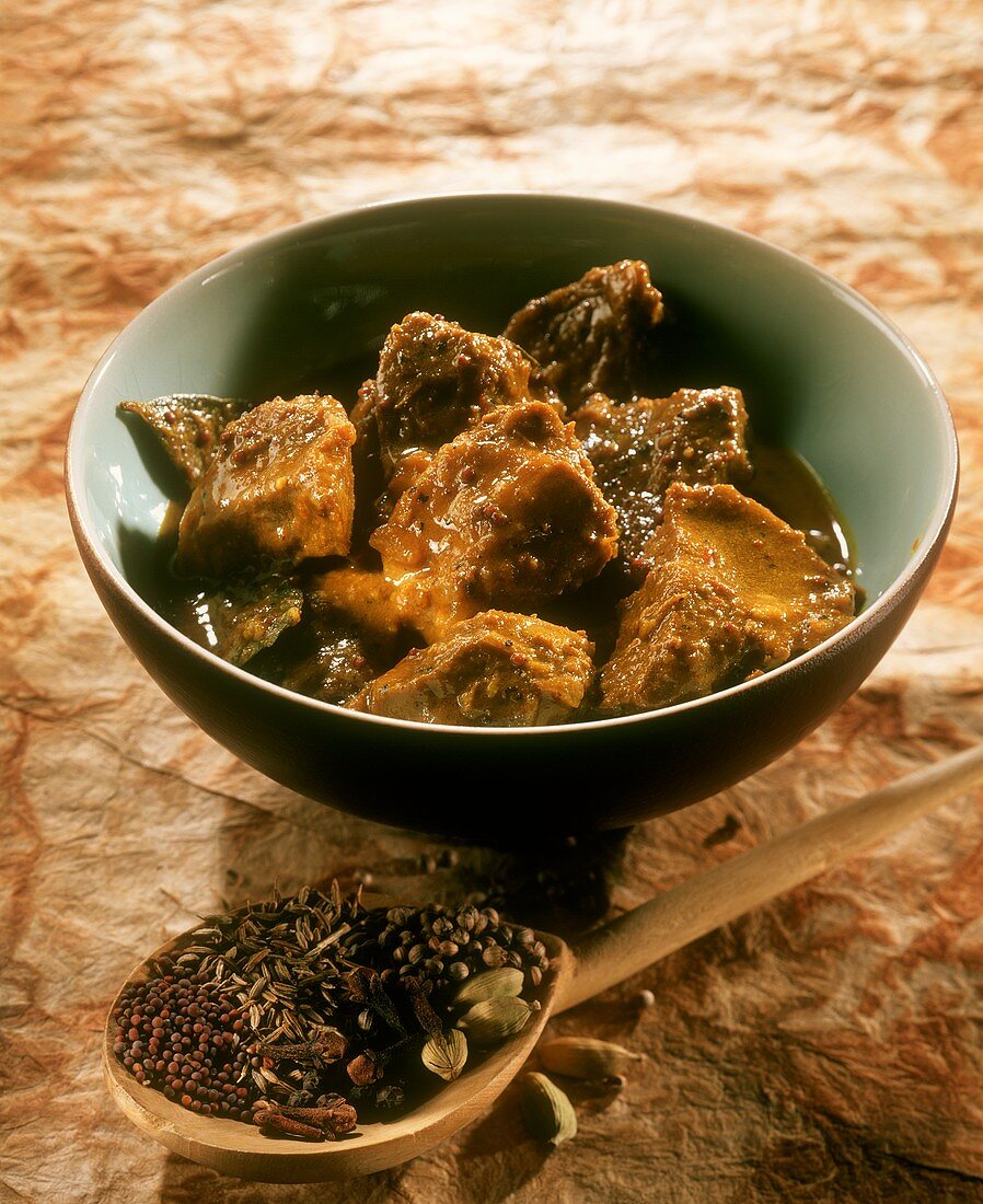 Schweinefleisch-Curry (Indien), davor Gewürze auf Holzlöffel