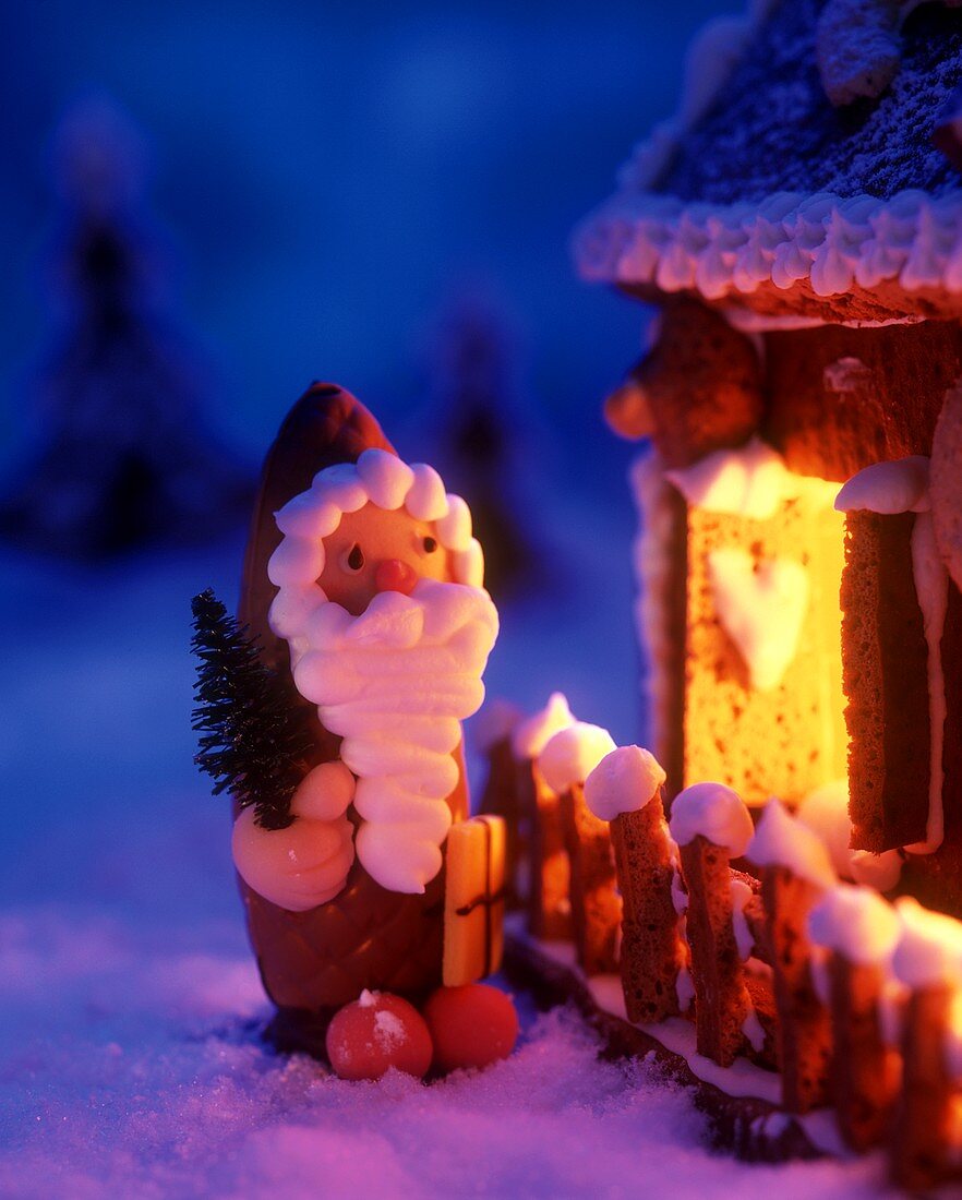 Marzipan Father Christmas in front of a gingerbread house