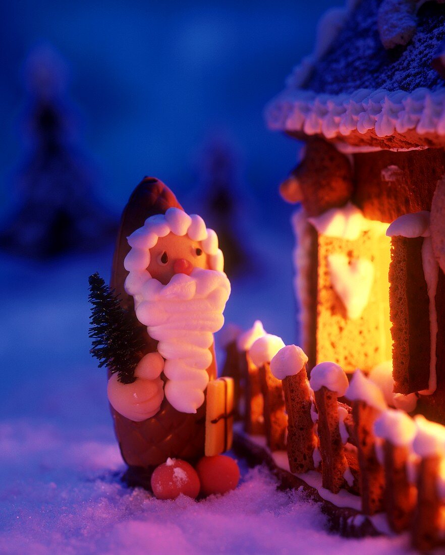 Marzipan-Weihnachtsmann vor einem Lebkuchenhaus
