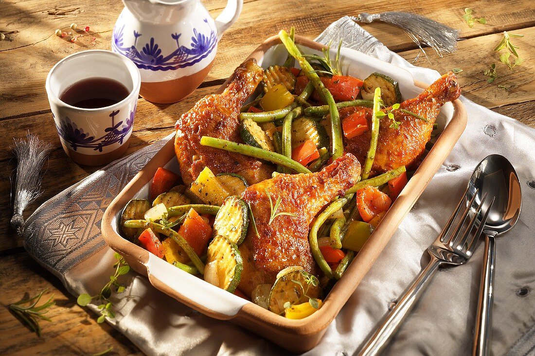 Spicy chicken legs with vegetables in roasting dish
