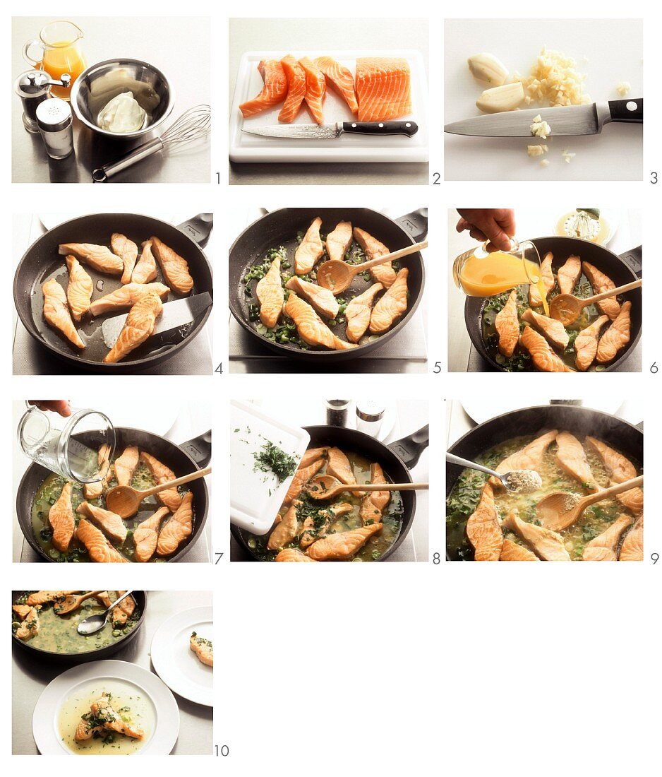 Gebratene Lachsfilets in Orangen-Wasabi-Sauce zubereiten