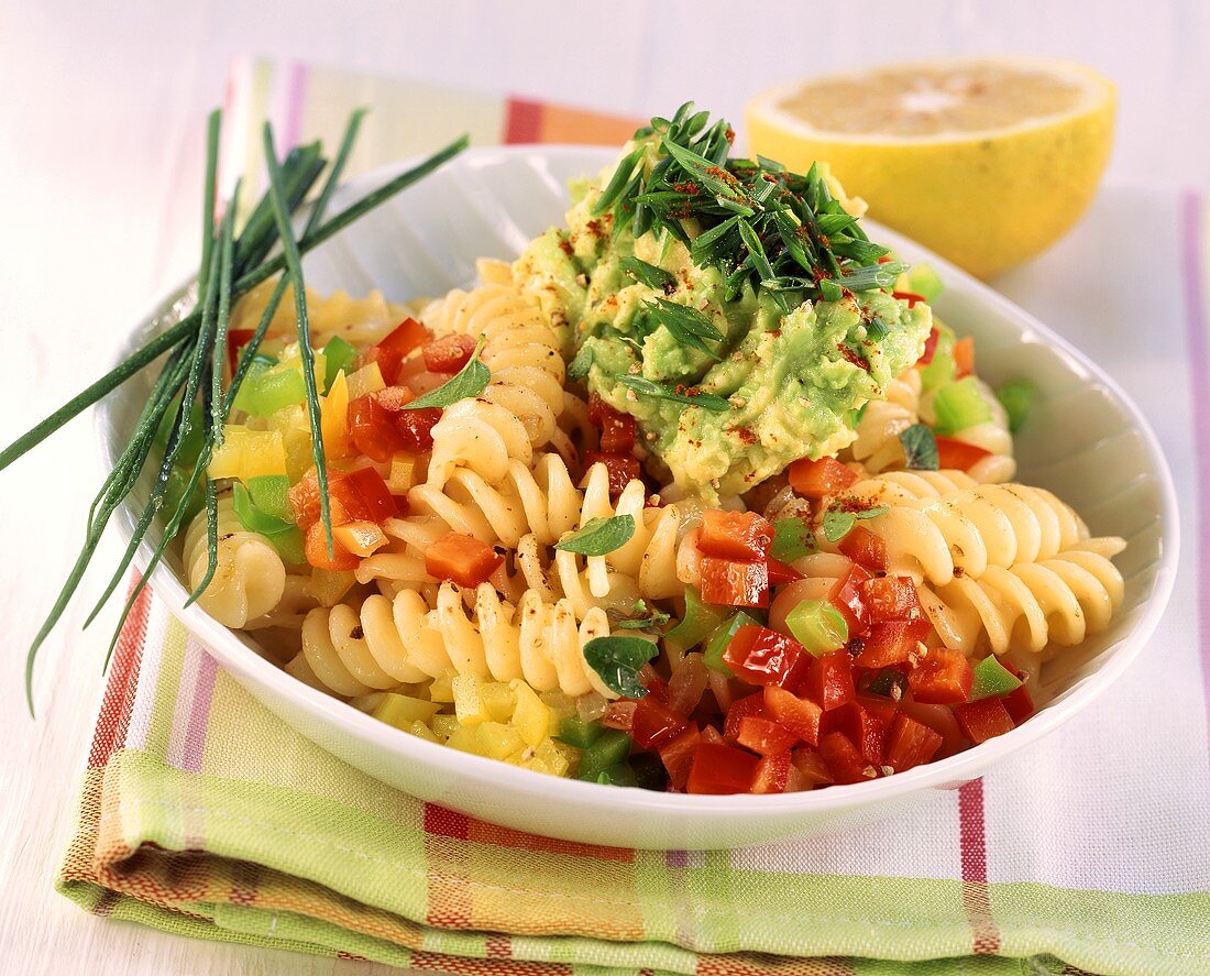 Fusilli with peppers and avocado cream