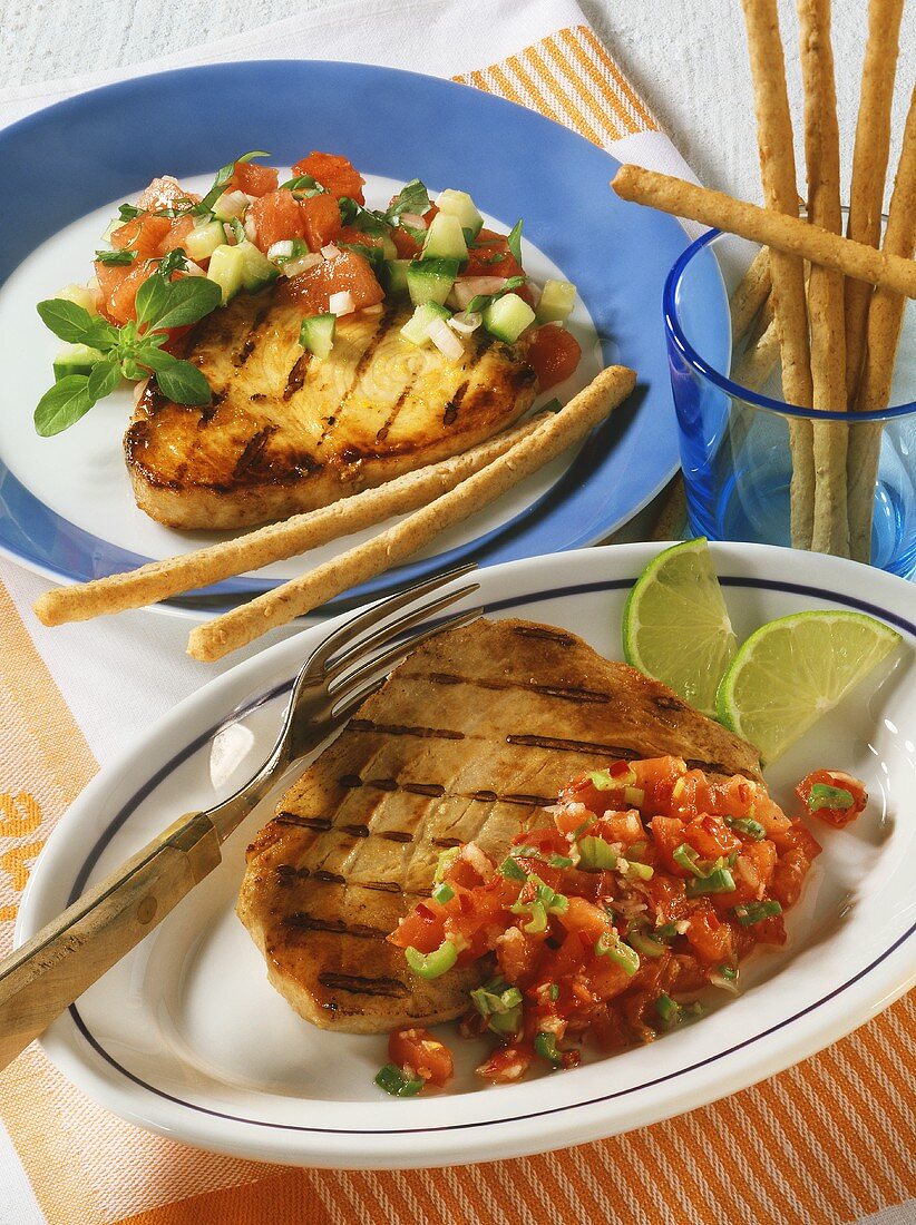 Tuna with tomato sauce, swordfish with melon salsa