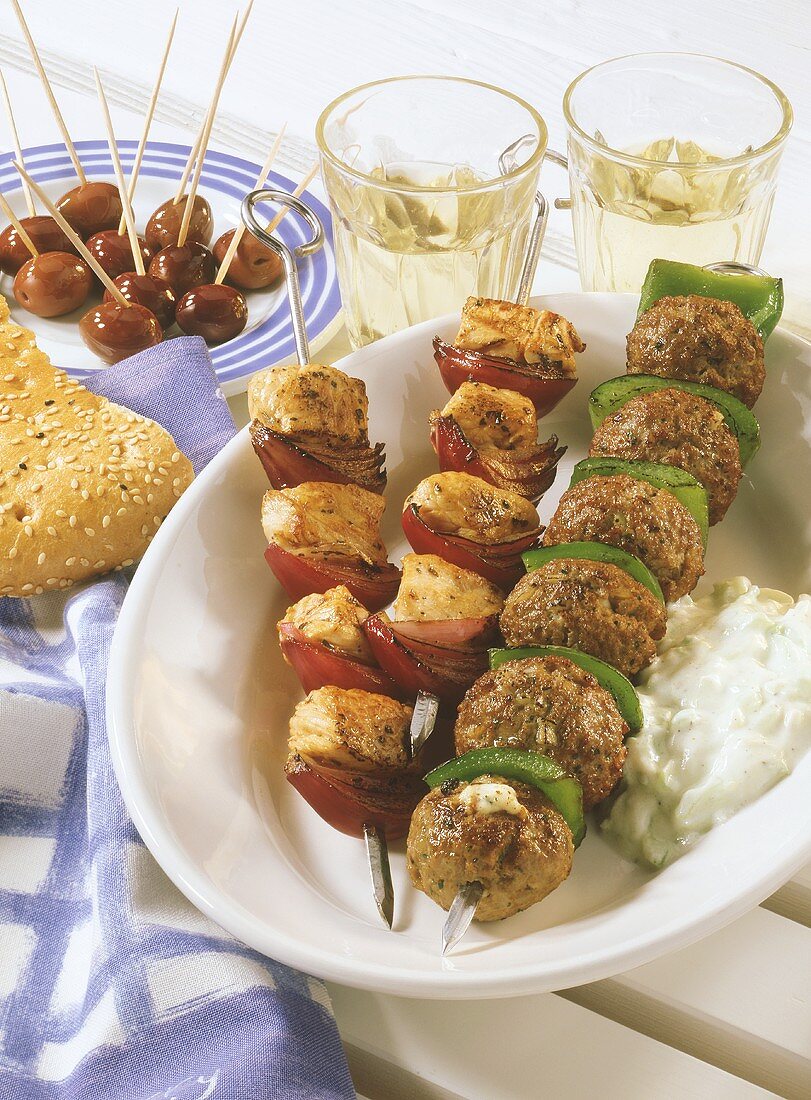 Grilled mince kebabs and turkey kebab with onions