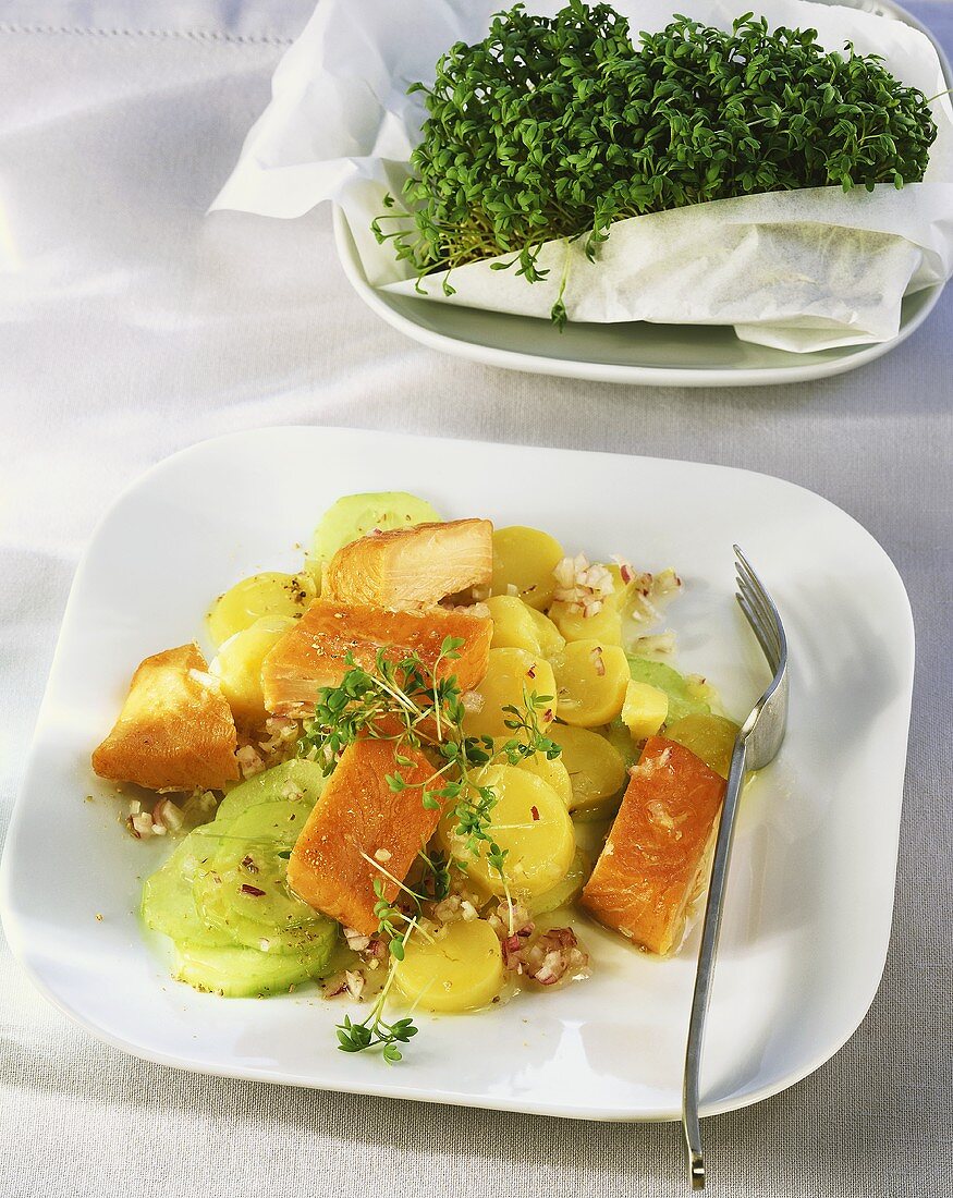 Potato and cucumber salad with smoked salmon and cress