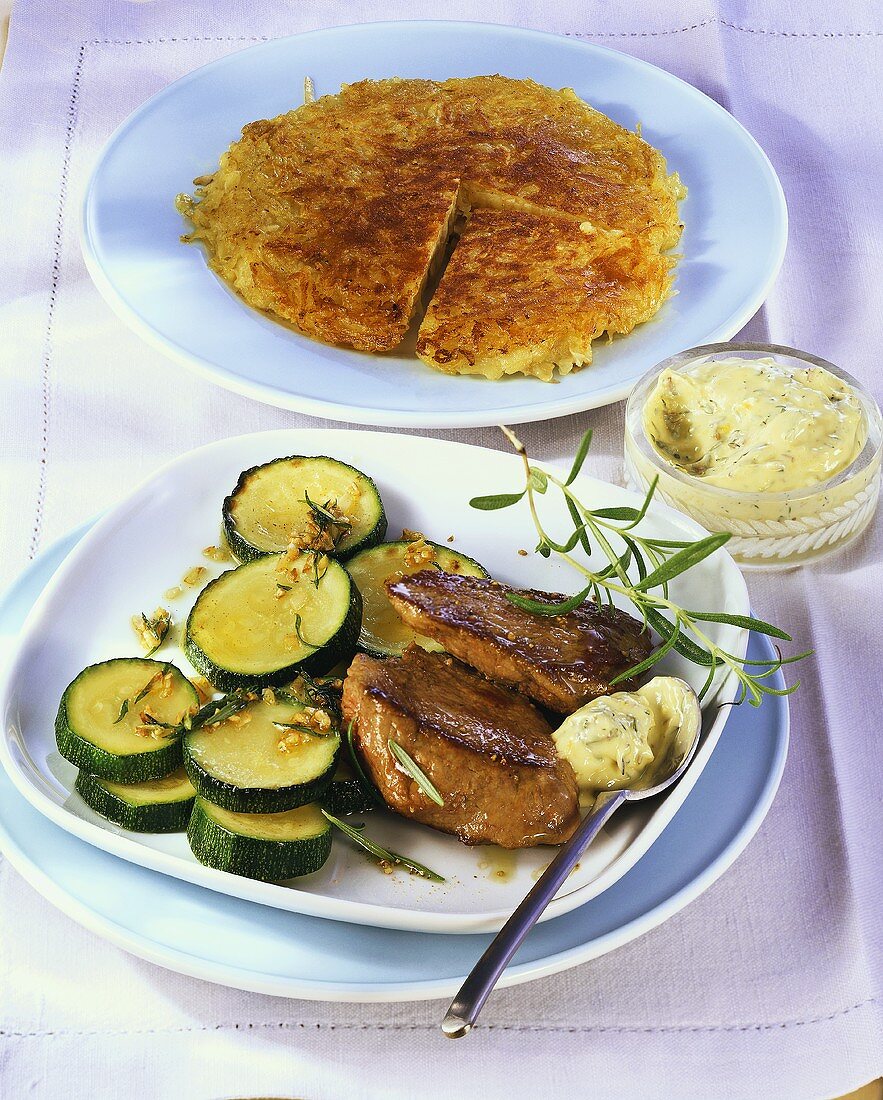 Beef fillet with courgettes and rosti