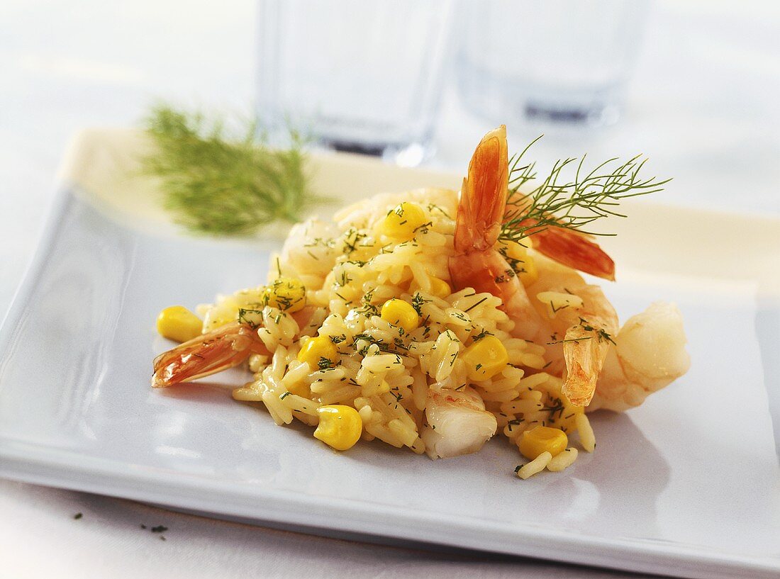 Pan-cooked rice dish with sweetcorn and shrimps
