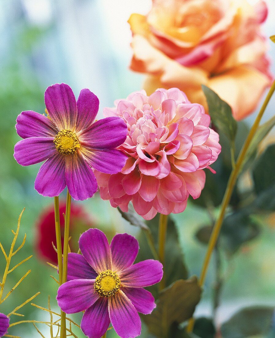 Cosmea, Dahlien und Rosen (Stoffblumen)