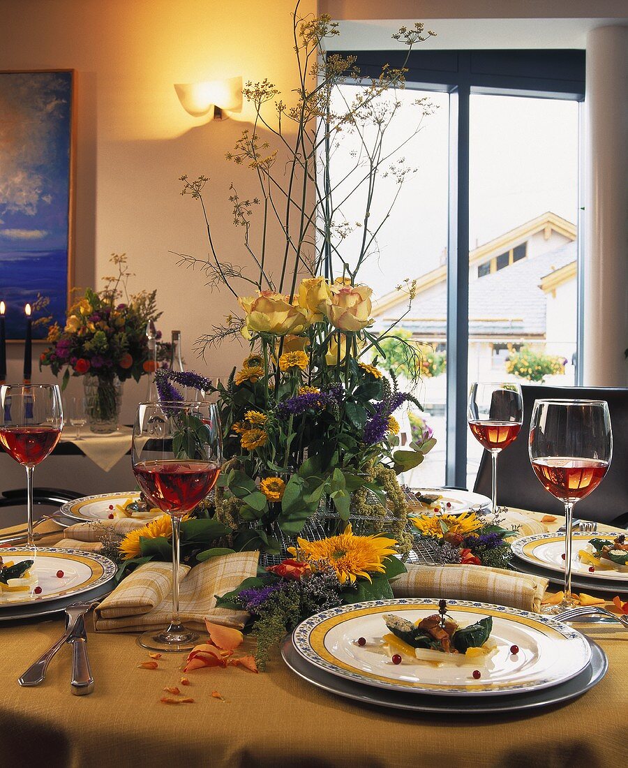 Festive table with floral arrangement