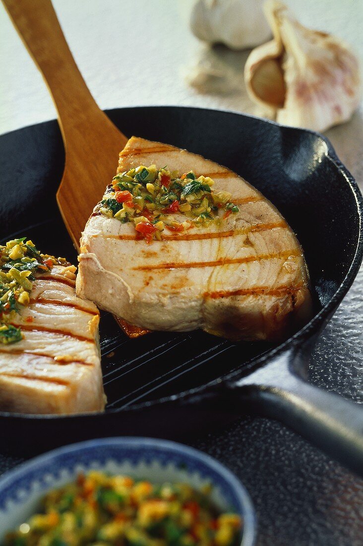 Tuna steaks in a grill pan