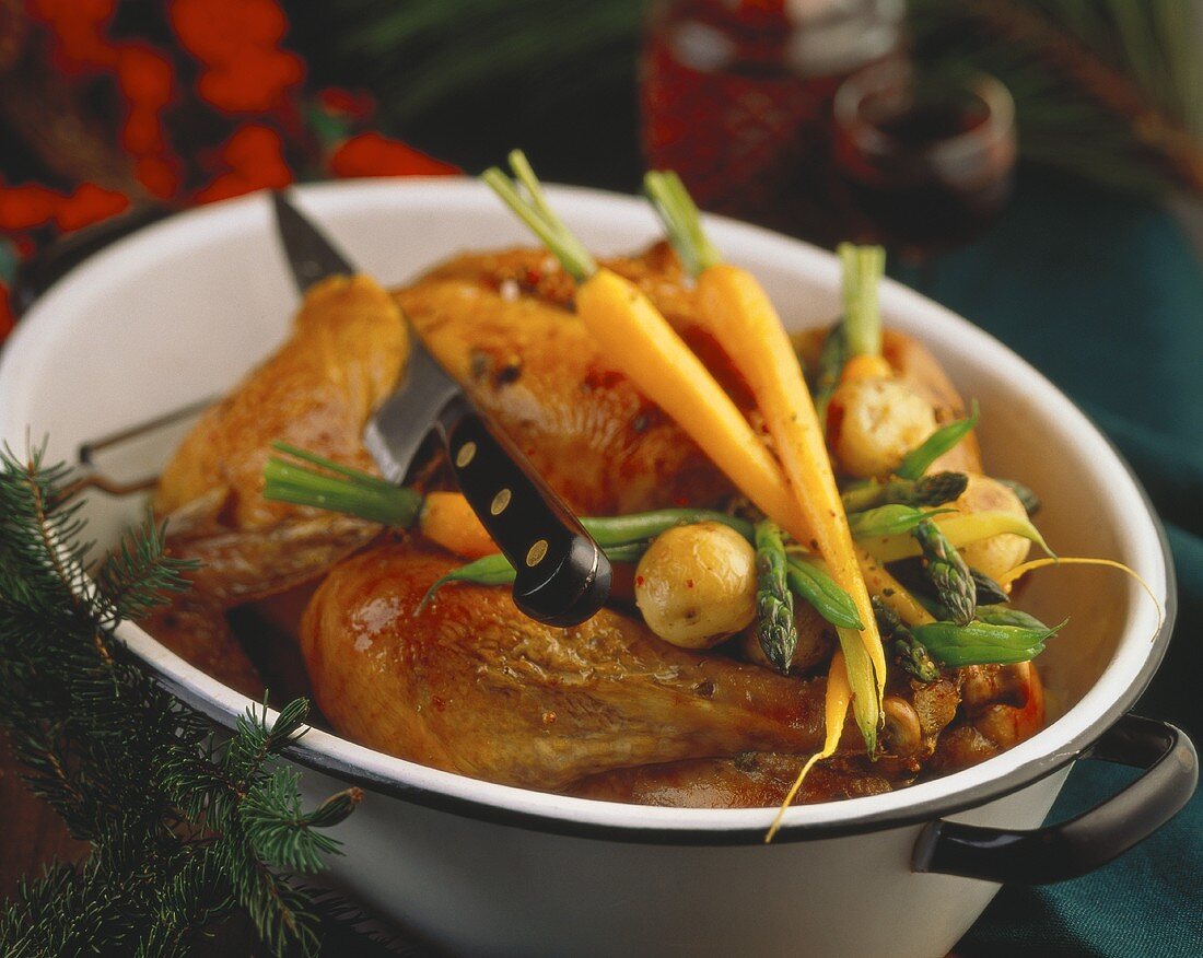 Braised goose with spring vegetables