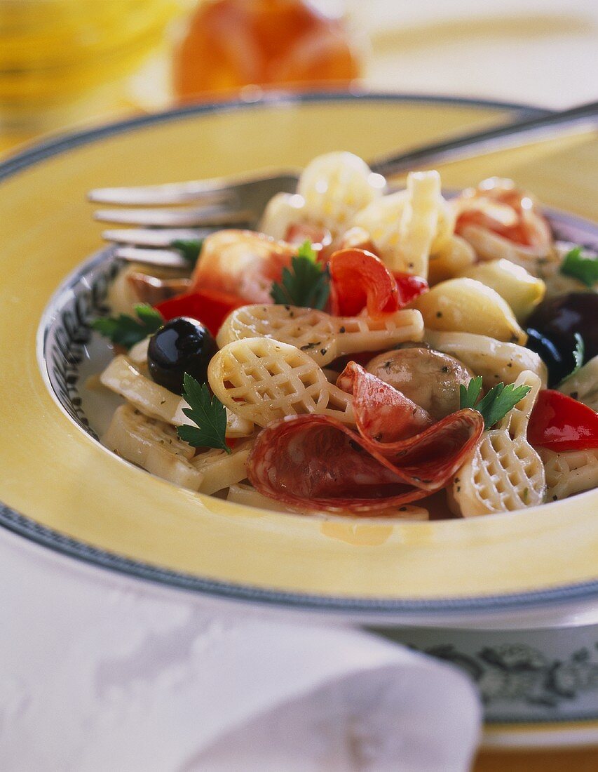 Pasta salad with salami, olives, peppers and mushrooms