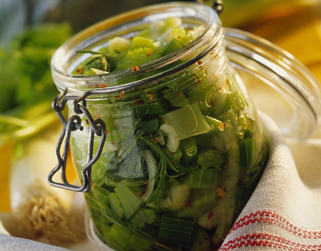 Celery and leeks pickled with rosemary