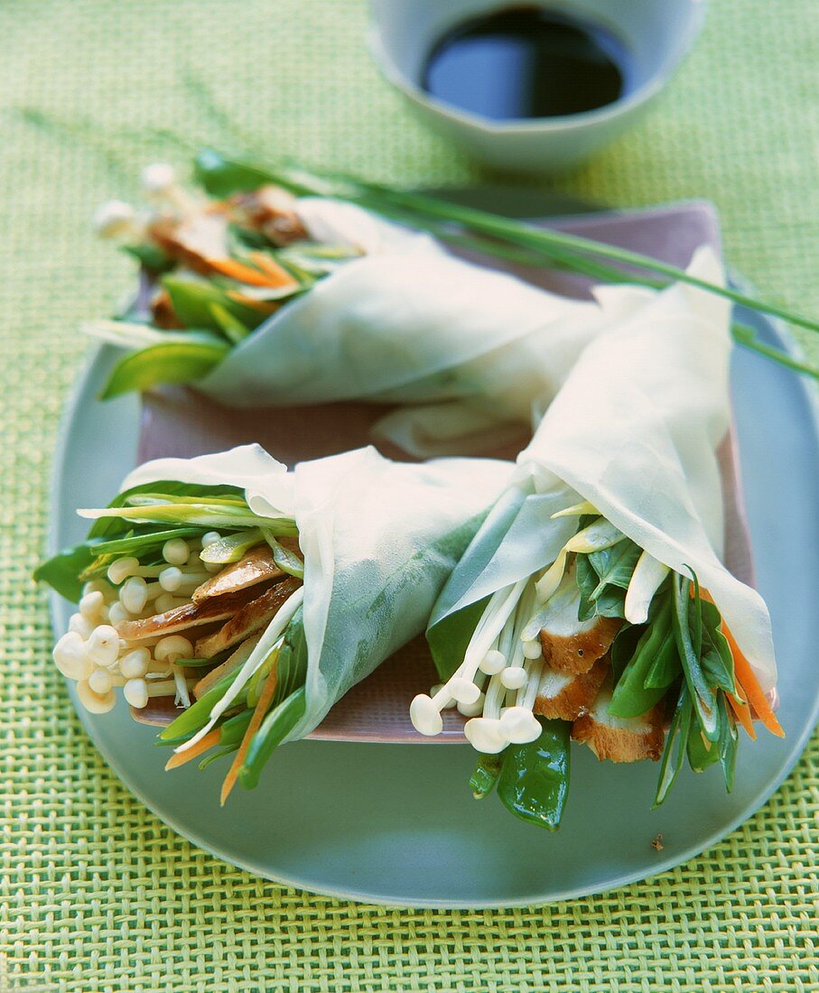 Rice paper bags filled with chicken and Asian vegetables
