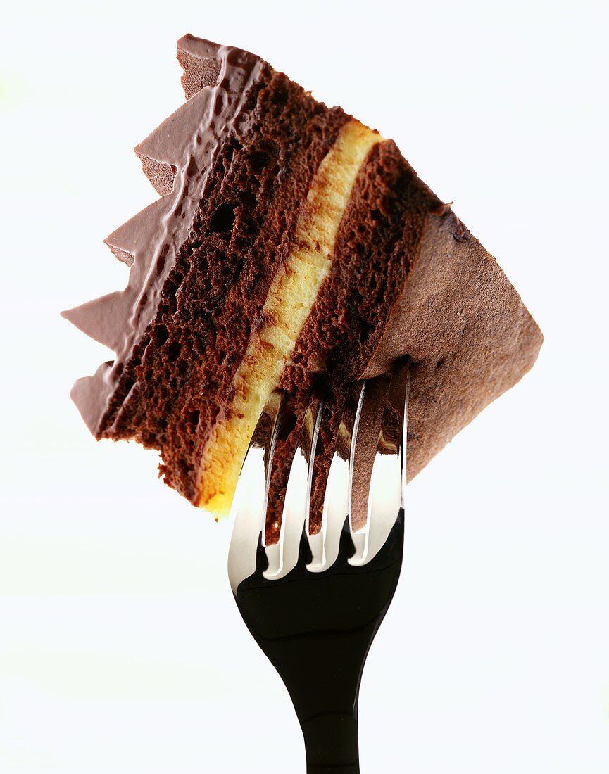 A piece of lemon chocolate cake on a fork
