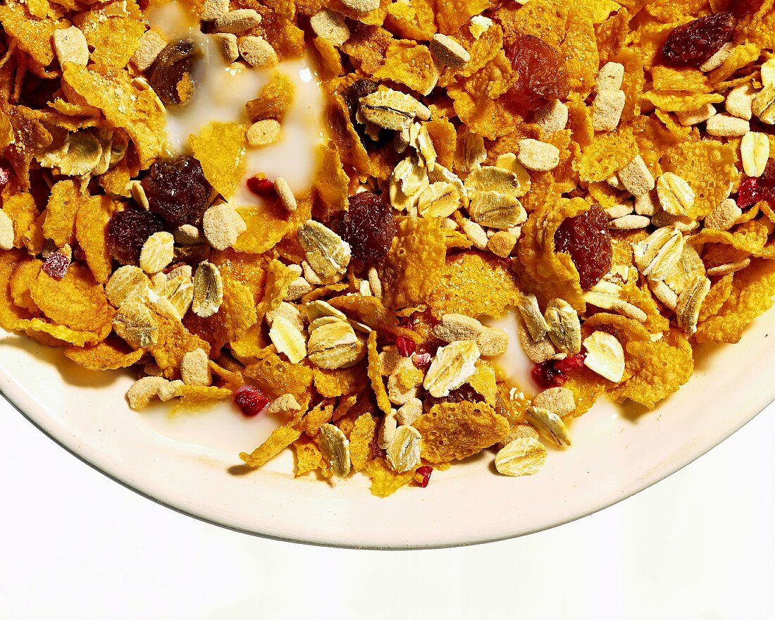 Fruit muesli with cornflakes in a bowl (detail)