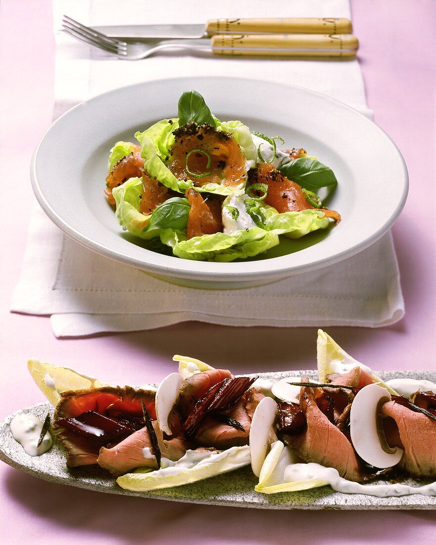 Roast beef salad with rhubarb dressing and lettuce with trout