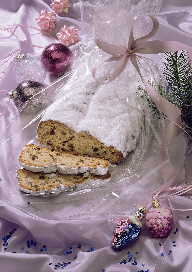 Dresden stollen, pieces cut, on wrapping paper