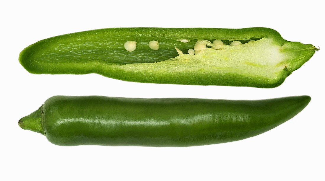 One whole and one half green chili pepper