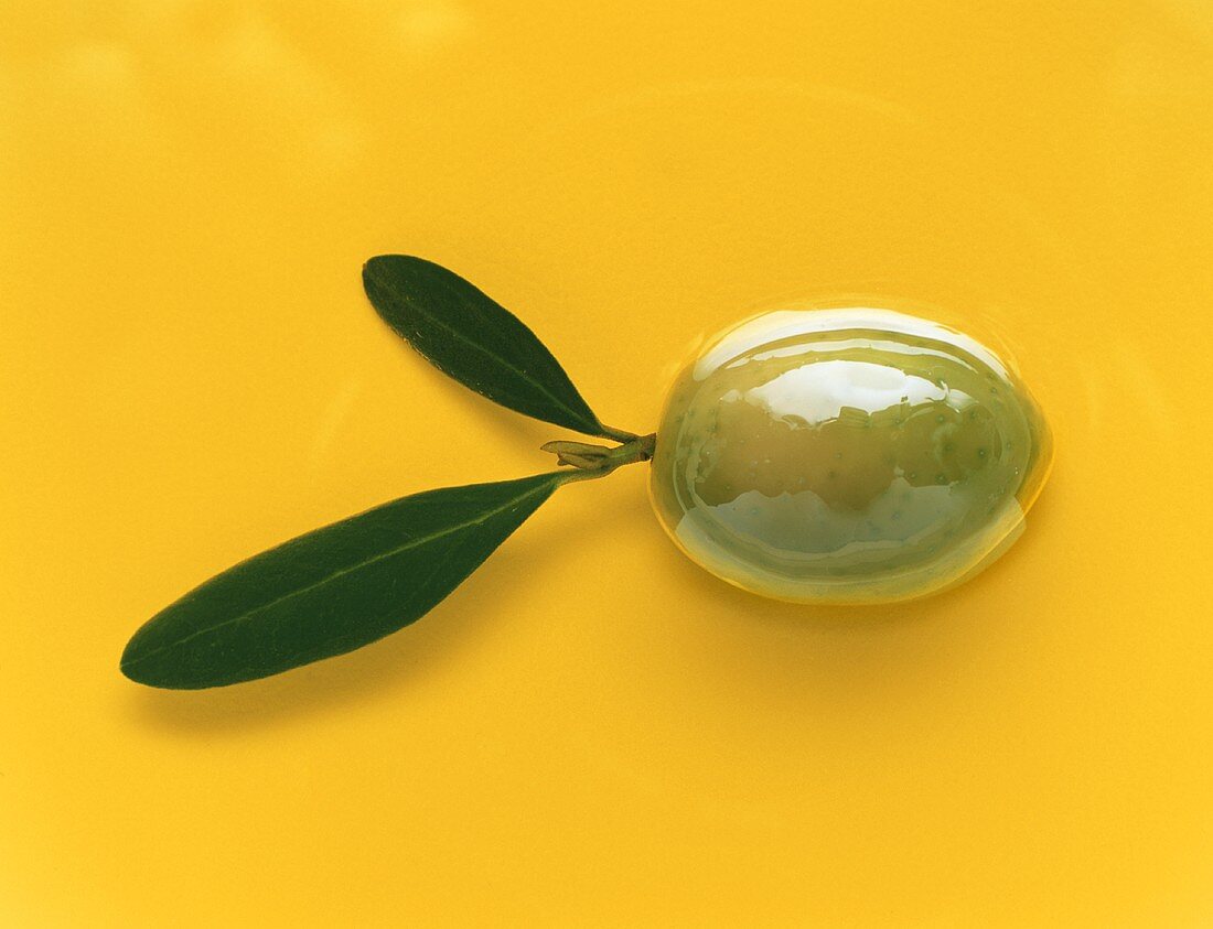 Eine Olive mit Olivenblättern auf gelbem Hintergrund