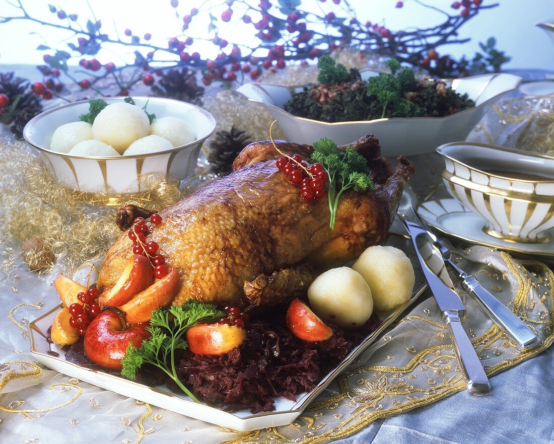 Christmas goose with potato dumpling and red cabbage