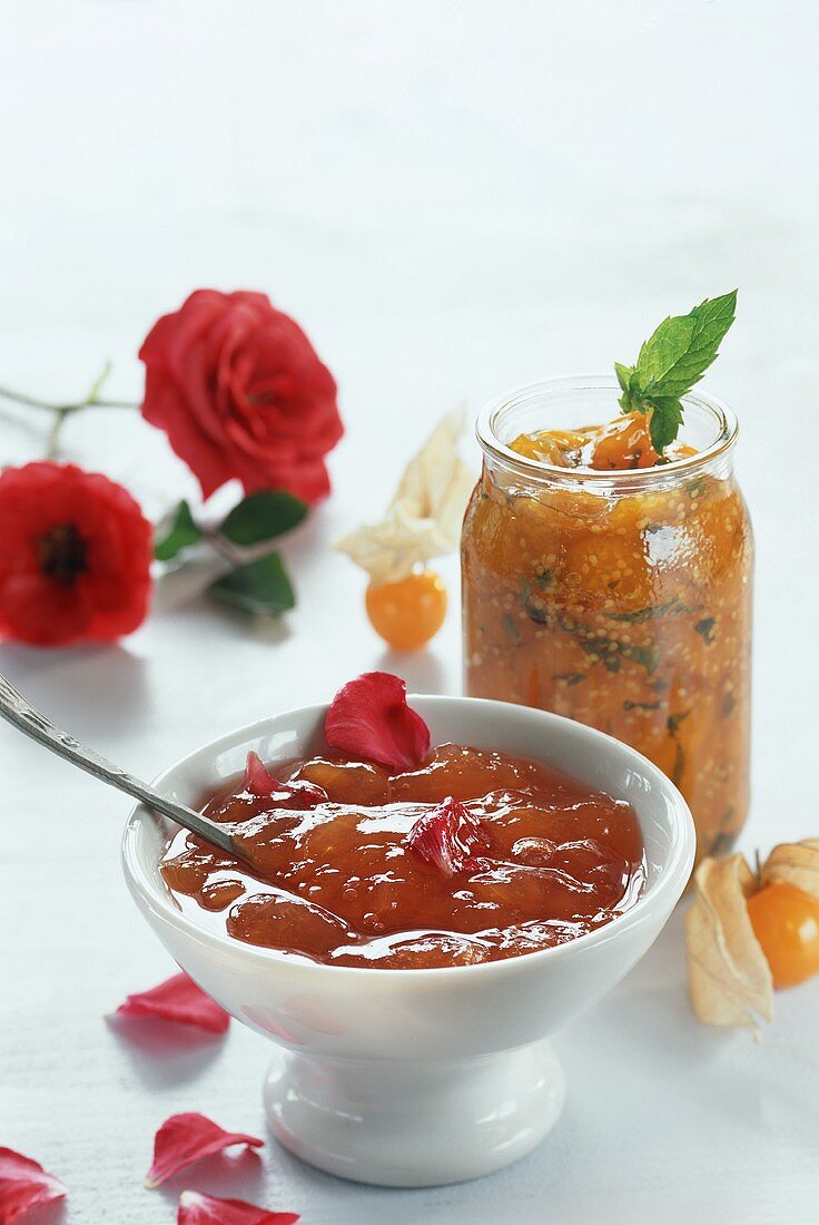 Minted Cape gooseberry and peach and rose jam