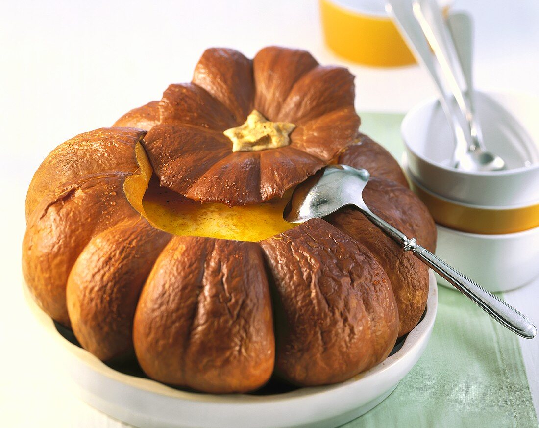 Nutmeg soup in hollowed-out pumpkin