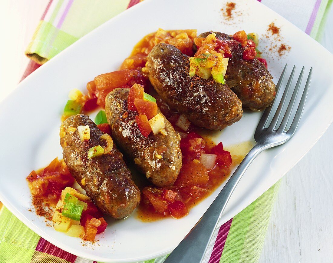 Cevapcici mit Paprika-Tomaten-Sugo