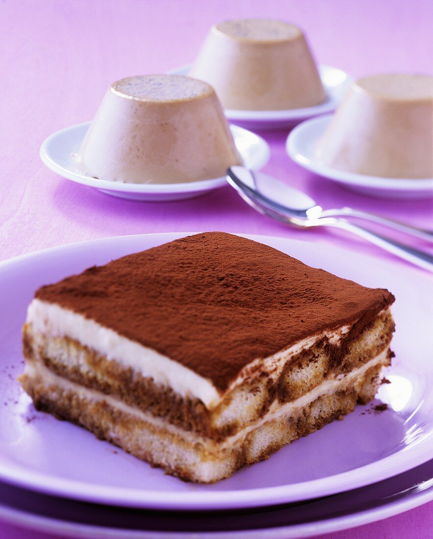 Tiramisu, coffee pudding behind (Caffe cotta)