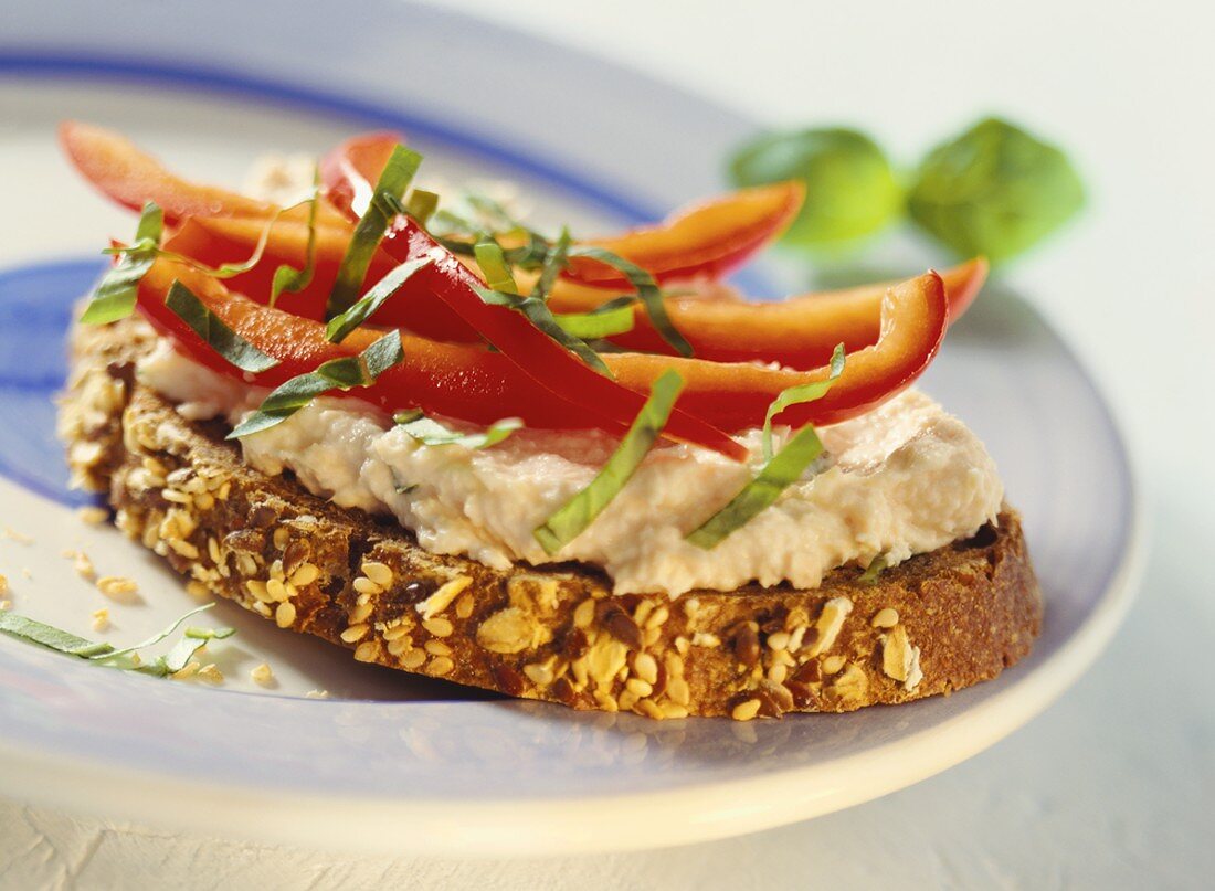 Rye bread with salmon spread and strips of pepper