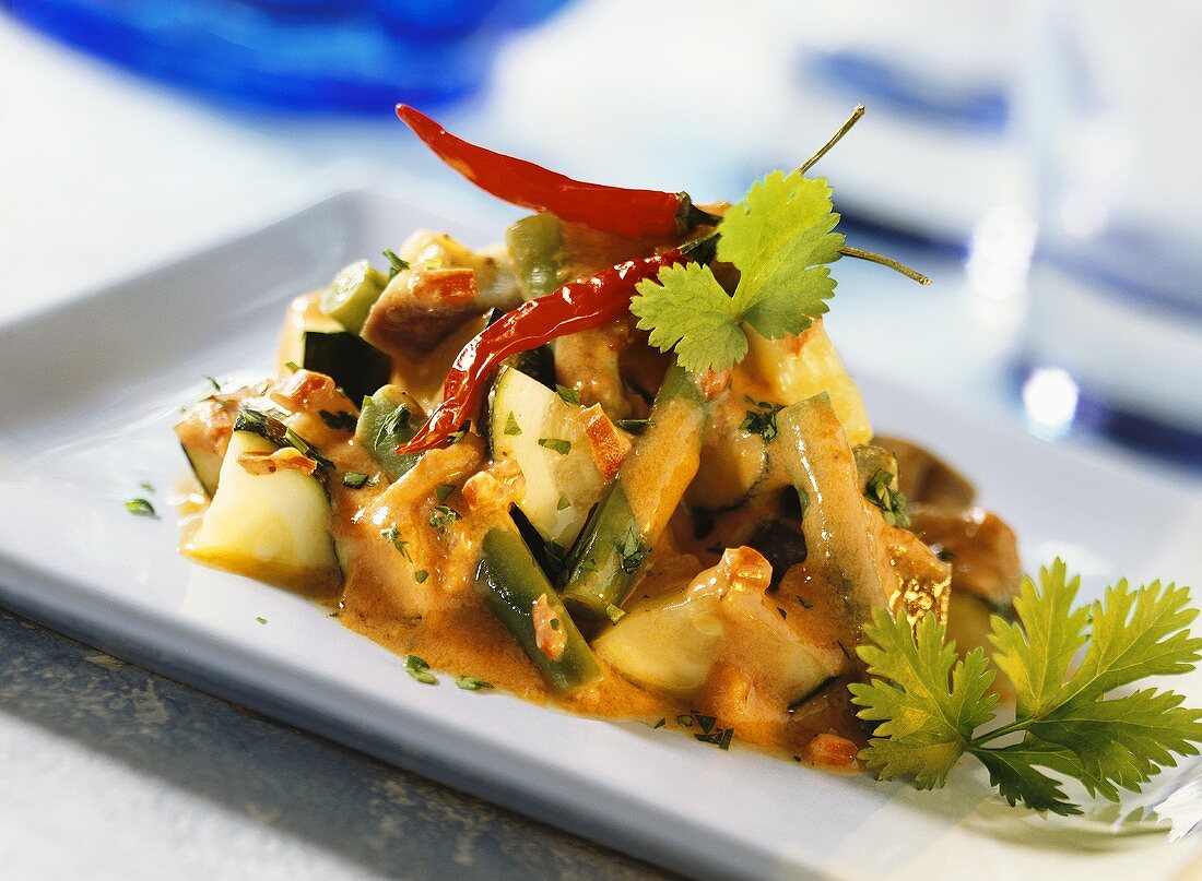 Vegetables with spicy yoghurt sauce & coriander leaves (India)