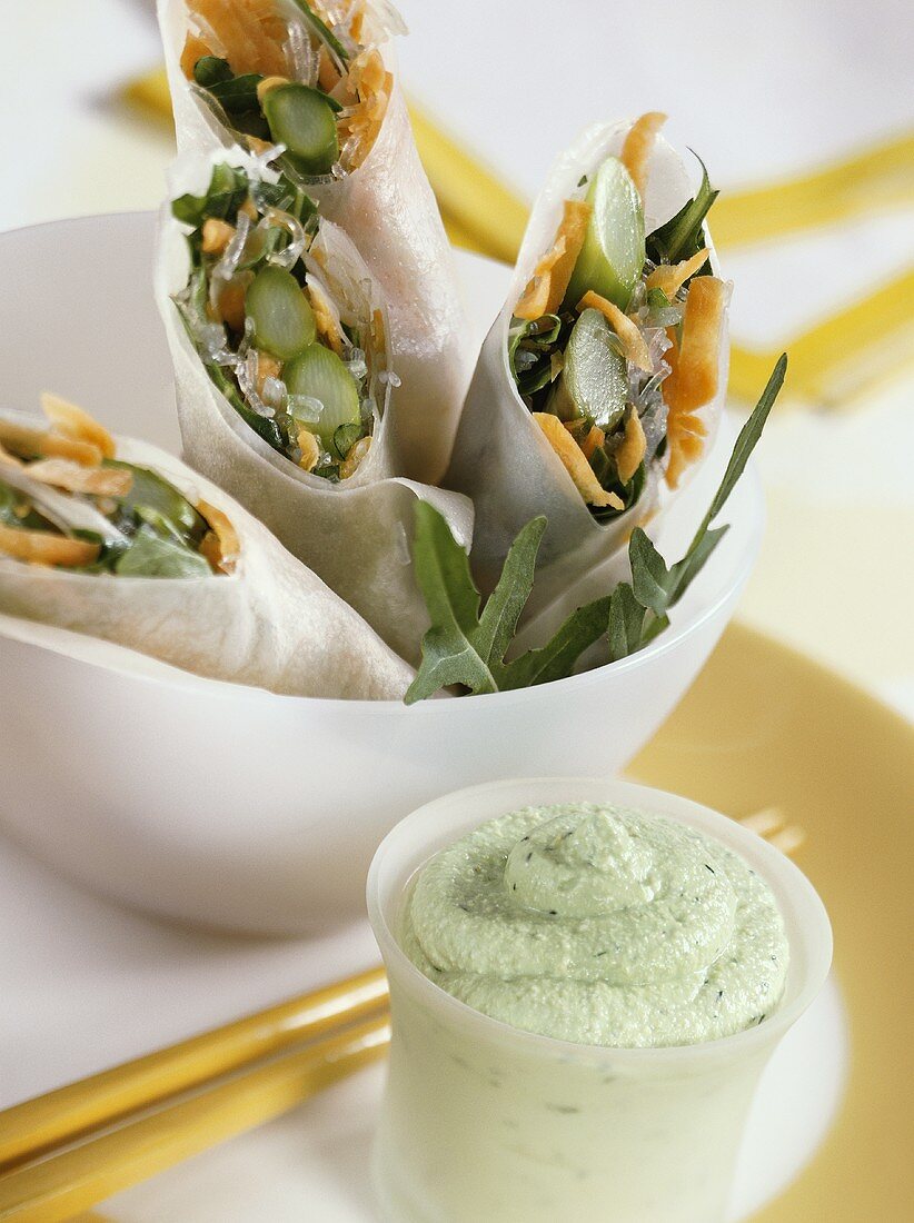 Rice paper rolls with vegetables and wasabi dip