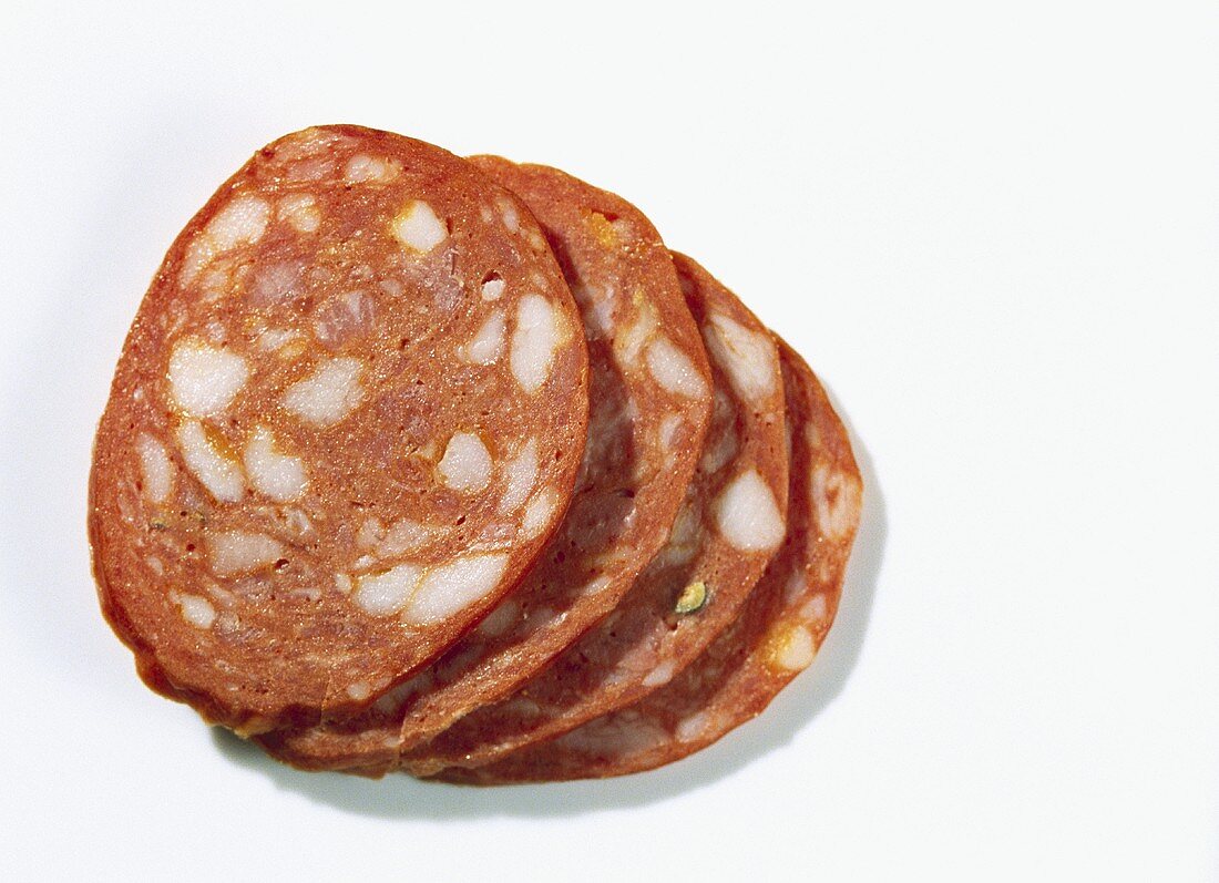 Paprika-Kochsalami, in Scheiben