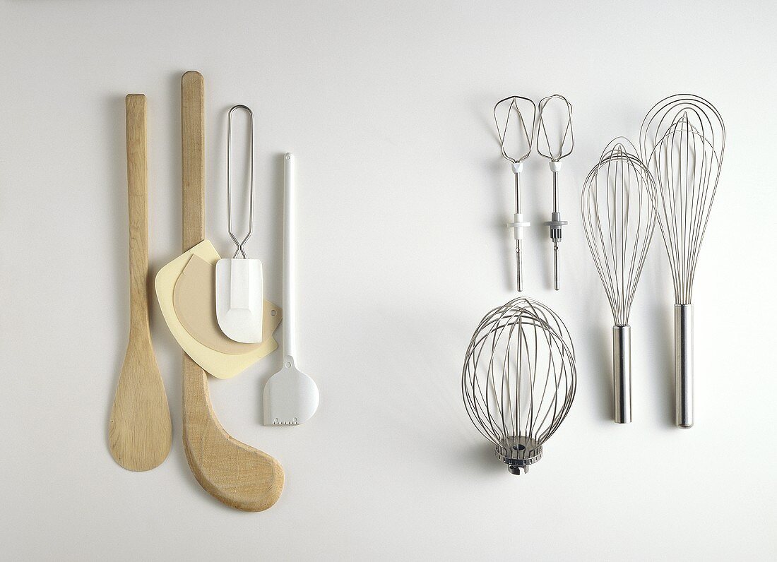 Various kitchen utensils for mixing