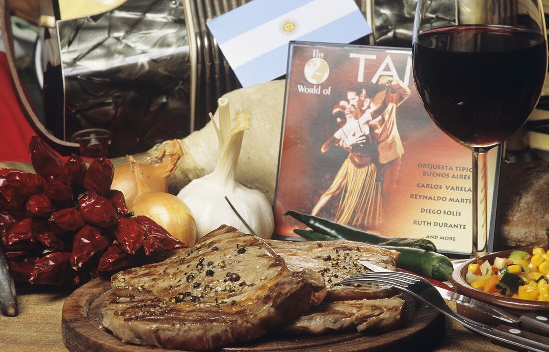 Fried beef steaks with wine and decorative items (Argentine)