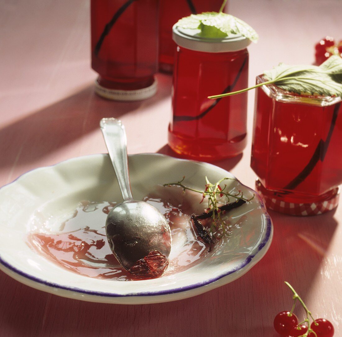 Redcurrant jelly in four jars and on a plate
