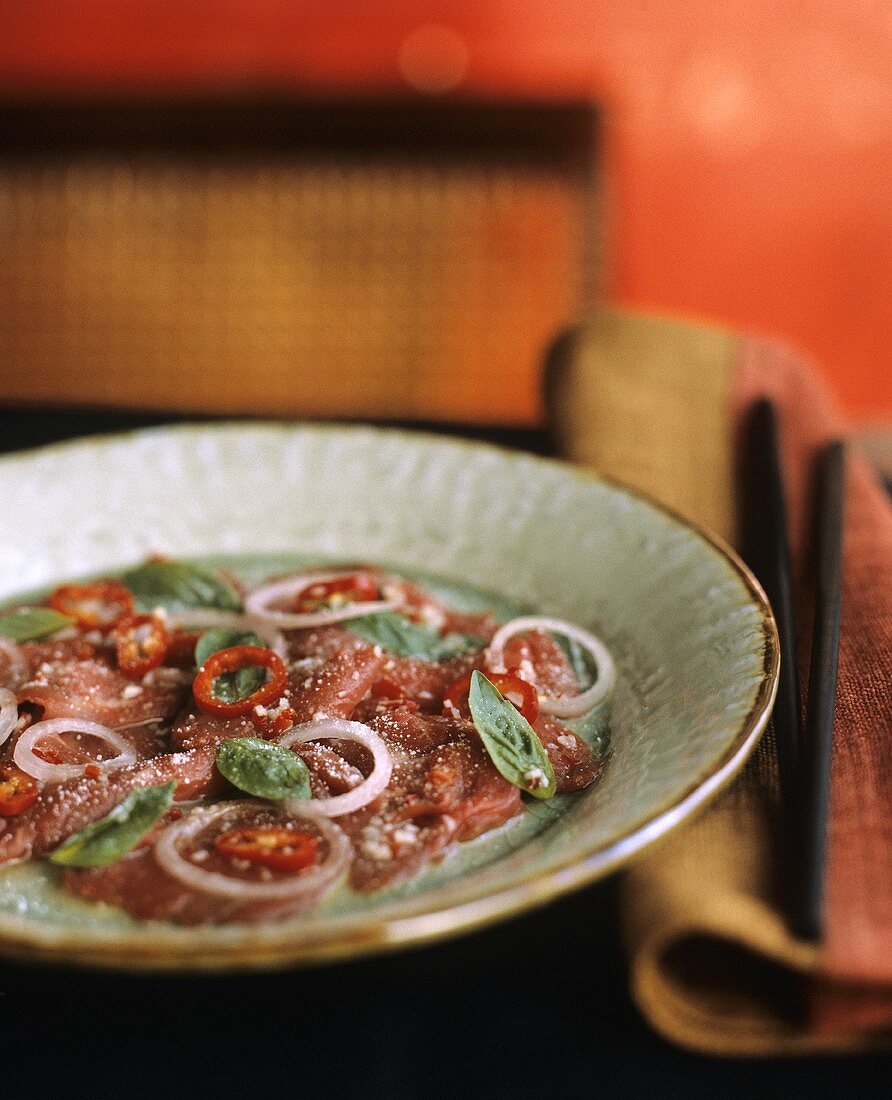 Raw beef with basil, lime and chilli (Vietnam)